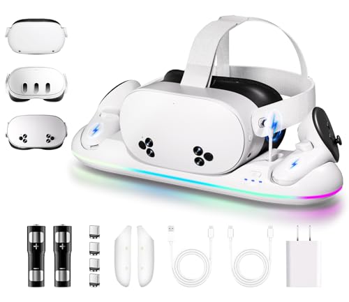 Saqico Charging Dock for Meta Quest 3S/3/2, 22W Fast VR Charging Station with 30W Adapter & Extra USB Port, Magnetic Stand with 2 Rechargeable Batteries & RGB Light, Neat and Orderly Storage - size: Charging Dock for Quest 2/3/3S