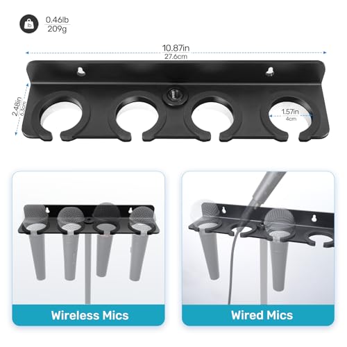 Multi Mic Holder for Stand, Wall Mount for 4 Handheld Wired/Wireless Mics | With Rubber Padding Protection, Fits 5/8"-27 & 3/8"-16 Thread Stand, Holds Up to 4 Dynamic Mics, Sturdy Mic Storage Organizer - size: Mic Holder UP to 4 (1 Set) - Black