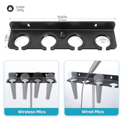 Multi Mic Holder for Stand, Wall Mount for 4 Handheld Wired/Wireless Mics | With Rubber Padding Protection, Fits 5/8"-27 & 3/8"-16 Thread Stand, Holds Up to 4 Dynamic Mics, Sturdy Mic Storage Organizer - size: Mic Holder UP to 4 (1 Set) - Black