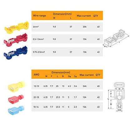 Nilight - 50031R 240 Pcs/120 Pairs Splice Wire Terminals T-Tap Self-Stripping with Nylon Fully Insulated Male Quick Disconnects Kit - size: 240Pcs 22-10AWG
