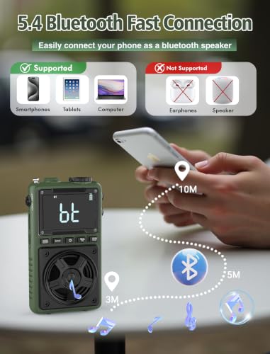 Bluetooth AM FM Shortwave Radio with NOAA Weather Alert,1250mAh Rechargeable Portable Pocket Radio with Best Reception,5W Big Speaker, Digital Tuner and Earphone,Support SD Card and USB MP3 Player - color: Green