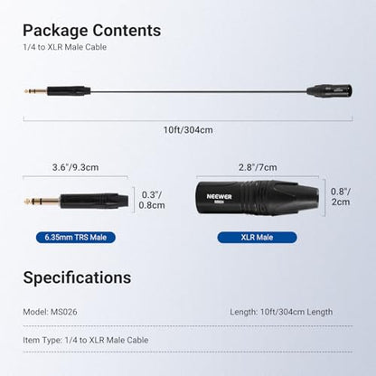NEEWER 6.35mm 1/4 TRS to XLR Male Cable, 10ft Quarter Inch to 3 Pin XLR Balanced Signal Interconnect Microphone Patch Cord Adapter Connector for Mic Amplifier Mixer Powered Speaker Guitar Tuner, MS026 - size: 6.35mm（304cm）, style: XLR Male
