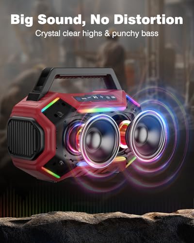 Qozybuds Bluetooth 6.0 Speaker, 80W(Peak) Loud Speaker with Bass, 30H Working Time, IPX6 Waterproof Large Jobsite Speakers with TWS, RGB Lights for Work, Outdoor, Workshop, Garage (Red)