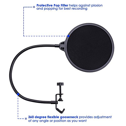 Microphone Pop Filter - ATM-01 Studio Microphone Pop Filter For Blue Yeti and other Microphone Dual Layered Wind Pop Screen - Flexible 360° Gooseneck Clip Stabilizing Arm by ATNY