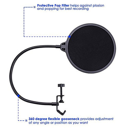 Microphone Pop Filter - ATM-01 Studio Microphone Pop Filter For Blue Yeti and other Microphone Dual Layered Wind Pop Screen - Flexible 360° Gooseneck Clip Stabilizing Arm by ATNY
