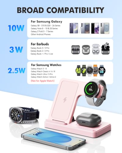 3-in-1 Charging Station for Samsung, Foldable Wireless Charger Stand | Android Phone and Watch Charger for Samsung S26/S25/S24/S23/S22/S21, Note 20/10, Z Fold 6/5, Galaxy Buds and Watch-Pink - color: Pink