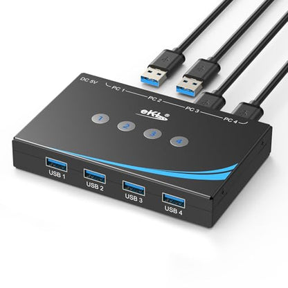 eKL USB 3.0 Switch 4 Computers Share 4 USB 3.0 Ports USB Switcher for PC Laptop Mouse Keyboard Scanner Printer One Button Switch with 3.5mm Headphone Jack and 4 Pack Cables - size: USB3.0 4 in 4 out