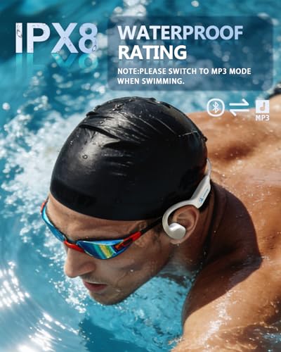 Swimming Headphones Bone Conduction Bluetooth 6.0 IPX8 Waterproof 32G MP3 | Open-ear comfort,clear audio in water,phone-free playlists,secure fit with caps and goggles,stable above-water pairing - color: Off White