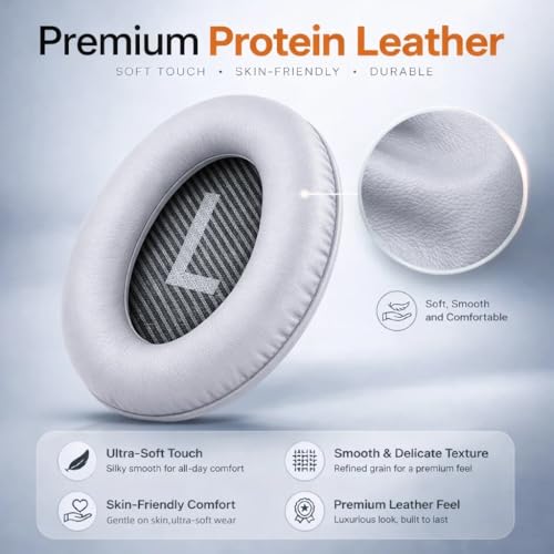 Replacement Ear Pads for Bose QC35 and QC35 II | Soft Protein Leather Ear Cushions with Noise Isolation, Memory Foam, Extra Durability - color: Silver