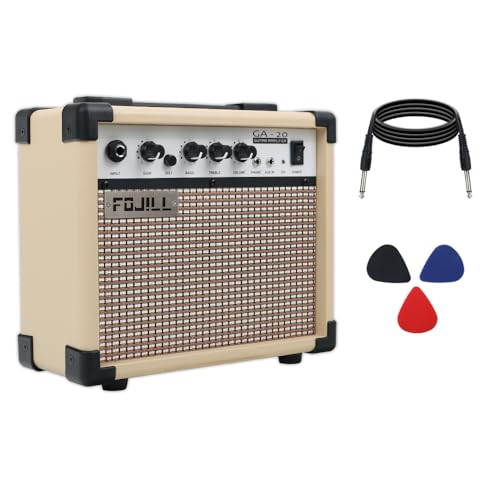 Fojill 20W Watt Electric Guitar Amplifier Amp Practice Small Portable Travel Mini Amp with 3.5 Headphone Jack Aux Distortion Gain Treble Bass Volume (Cream, 20W) - color: Cream