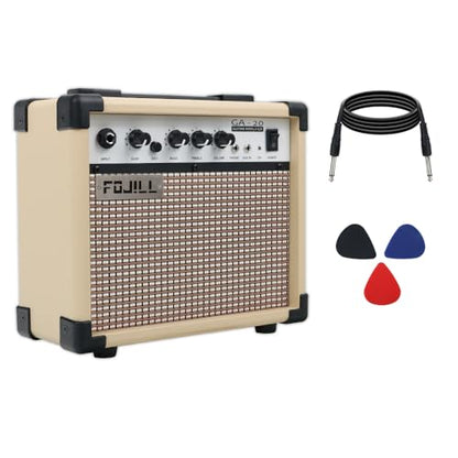 Fojill 20W Watt Electric Guitar Amplifier Amp Practice Small Portable Travel Mini Amp with 3.5 Headphone Jack Aux Distortion Gain Treble Bass Volume (Cream, 20W) - color: Cream