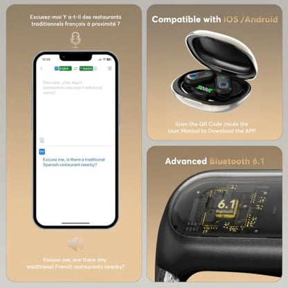 198 Languages AI Translation Earbuds, Bluetooth 6.1 Open Ear Headphones Translator, 4-in-1 Smart Mode Touch Screen Real-Time Earphones Fit iOS and Android Ideal for Travel Business Learning, Gun Black - color: Gun Black