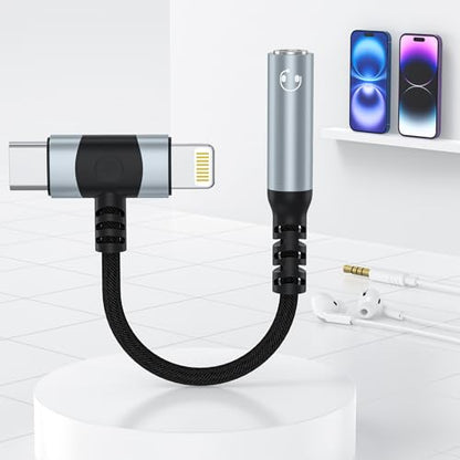Lightning and USB C to 3.5mm Audio Adapter iphone 16 Headphone AdapterUSB-C iphone Aux adapter for Headphone Jack, Aux to USB C and Lightning Earbus Adapter for iPhone 16 15 14 13 ipad,Sanmsung, Pixel