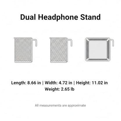 Dual Headphone Stand for Desk, Heavy Duty Iron Holder for 2 Headsets, Vertical Gaming & Office Organizer, Black Metal Rack (8.7 x 4.7 x 11 in)