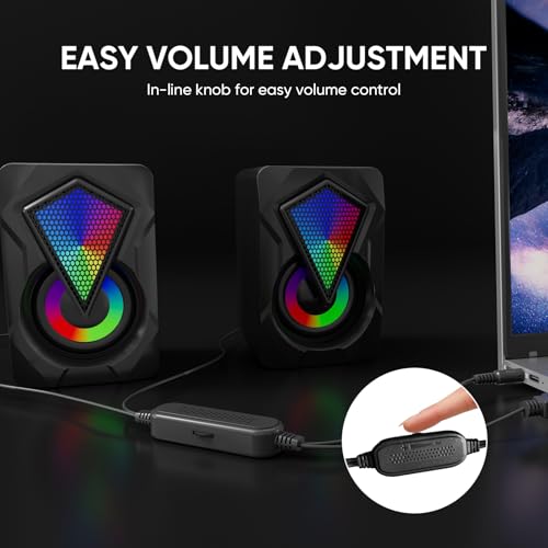 Computer Speakers for Desktop, USB Powered Stereo Speakers with RGB Lights | Rich Stereo Sound, Colorful RGB Lighting, Compact Design, Simple Volume Control, and Plug-and-Play Setup for Laptop Monitor