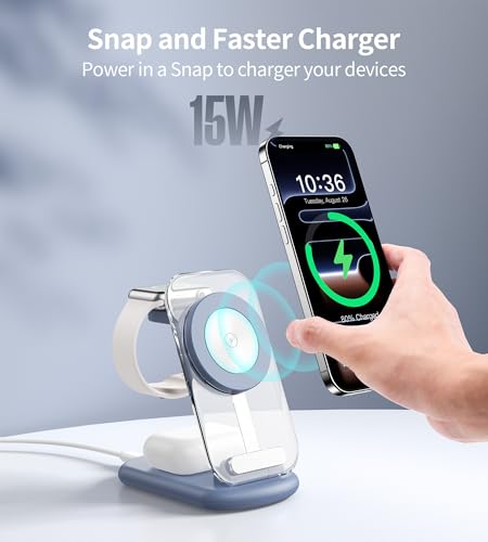 3 in 1 Magnetic Wireless Charging Station for Apple Devices | Fast Travel Charger Stand with Night Light for MagSafe-enabled iPhone 17 16 15 14 13 12 Series, Apple Watch/AirPods Pro, BU - color: Blue