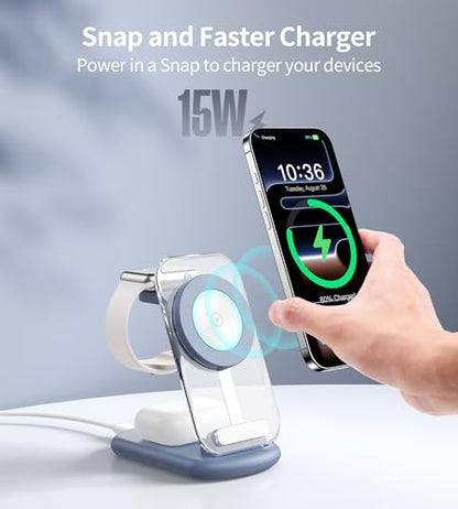 3 in 1 Magnetic Wireless Charging Station for Apple Devices | Fast Travel Charger Stand with Night Light for MagSafe-enabled iPhone 17 16 15 14 13 12 Series, Apple Watch/AirPods Pro, BU - color: Blue