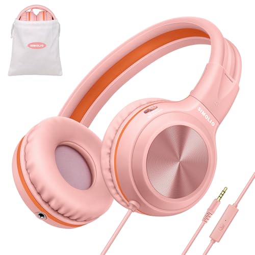 SIMOLIO Manyshare Series- Wired Headphones with Mic & Share Port, Volume Limited, Noise Isolating, Durable Plug in Headphones with Portable Pouch for Kids Girls, School, Travel, Laptop, Tablet (Pink) - color: Barbie Pink 3.5mm