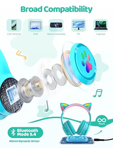 MIDOLA Bluetooth Headphones Wireless Cat Ear 60H/8H with LED Light Mic Cyan | Adjustable Headband Foldable Over-Ear Headset for Kids/Tablet/iPad/Laptop,HD Stereo Sound,Aux Aux 3.5mm - color: Cyan