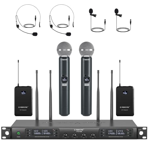 Phenyx Pro 4-Channel UHF Auto Scan Wireless Microphone System PTU-7000-2H2B | 2 Handheld Mics, 2 Bodypacks, Headset/Lapel Mics, 4 x 40 Frequencies, 328 ft, Mics for speaking, church, wedding, meeting