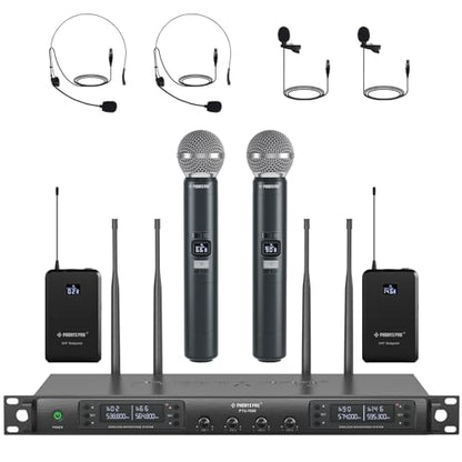 Phenyx Pro 4-Channel UHF Auto Scan Wireless Microphone System PTU-7000-2H2B | 2 Handheld Mics, 2 Bodypacks, Headset/Lapel Mics, 4 x 40 Frequencies, 328 ft, Mics for speaking, church, wedding, meeting