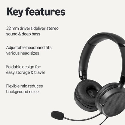 Amazon Basics On Ear Wired Computer Headset with Adjustable Microphone, 3.5mm Port or in-Line Control with USB-A Port, Foldable, Clear Sound, Small/Medium Size, Black (Pack of 2) - size: One Size (Pack of 2), style: Wired