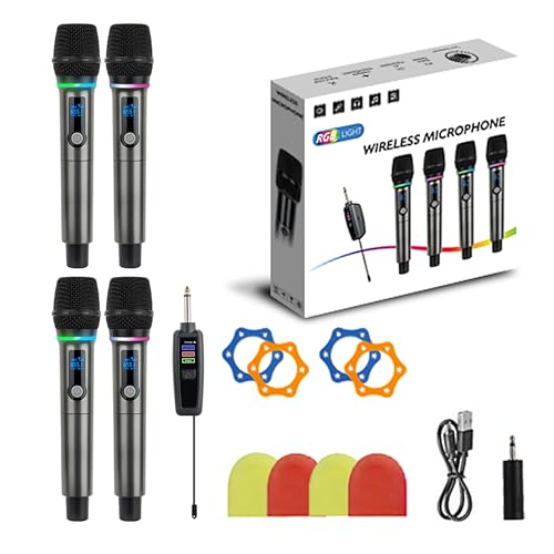QiCheng&LYS 4 Wireless Microphones with Rechargeable Receiver, 2.4G Cordless Mics with Volume Control, Handheld Dynamic Mic System for Church Singing Karaoke Wedding, 200ft