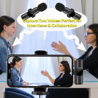 Wireless Lavalier Microphone USB-C Devices, Dual Clip-On Mics with Receiver+USB-C to iOS Adapter, Plug&Play Mic Set for Video Recording, Interviews, Streaming, YouTube, Vlogging, TikTok