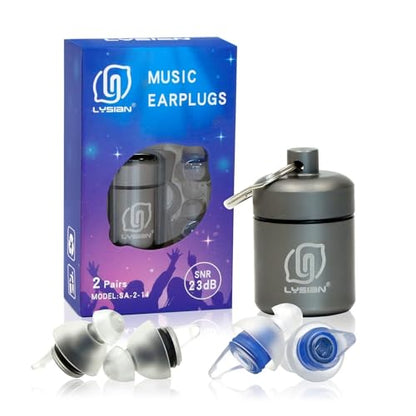 LYSIAN High Fidelity Concert Ear Plugs, 23dB, 2 Pairs with Case, Blue | Reusable soft musician earplugs for concerts, festivals & raves; 23dB noise reduction, 2 pairs with aluminum case - color: Blue&black