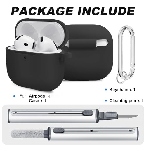 for Airpods 4th Case Cover, Come with Cleaner Kit,Soft Skin Silicone Case Cover with Keychain, Full Protective Case for Men and Women,Black Marble Pattern - color: B4-Black Marble Pattern