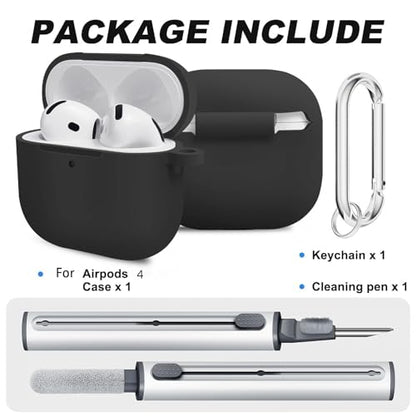 for Airpods 4th Case Cover, Come with Cleaner Kit,Soft Skin Silicone Case Cover with Keychain, Full Protective Case for Men and Women,Black Marble Pattern - color: B4-Black Marble Pattern