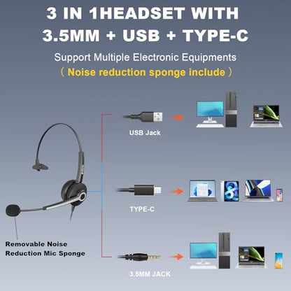 Voistek USB Headset with Microphon,Single-Ear Headset for PC Laptop | Noise Cancelling Mic,3.5mm Plug,USB-A Cable & USB-C Adapter,In-Line Volume Control,Mute Button for Teams Zoom,Home Office - color: Ink Black