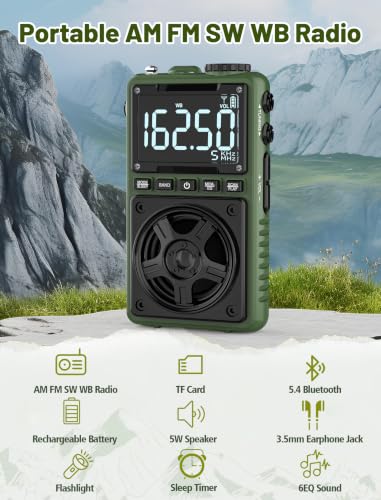 Bluetooth AM FM Shortwave Radio with NOAA Weather Alert,1250mAh Rechargeable Portable Pocket Radio with Best Reception,5W Big Speaker, Digital Tuner and Earphone,Support SD Card and USB MP3 Player - color: Green