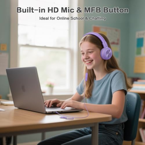 SIMOLIO Kids Wired Headphones with Mic, USB C & 3.5mm, 3-Level Safe Volume, Share Port & Pouch, Stereo Sound& Passive Noise Cancelling, Foldable Over Ear Headsets for Tablet Kindle iPhone iPad Travel - color: Dreamy Lavender USB C&3.5mm
