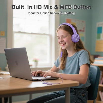 SIMOLIO Kids Wired Headphones with Mic, USB C & 3.5mm, 3-Level Safe Volume, Share Port & Pouch, Stereo Sound& Passive Noise Cancelling, Foldable Over Ear Headsets for Tablet Kindle iPhone iPad Travel - color: Dreamy Lavender USB C&3.5mm