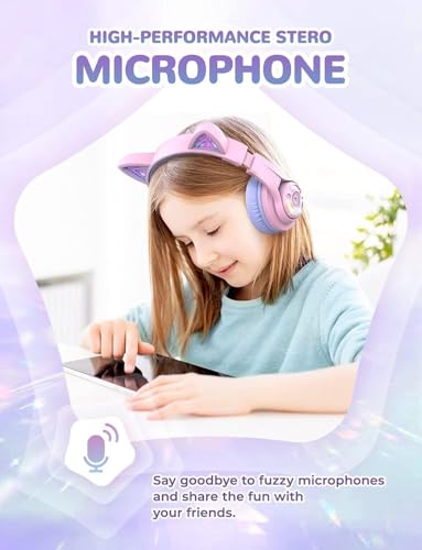 iClever BTH13 Kids Bluetooth Headphones for Girls, LED Cat Ear Travel Gift | SafeSound Tech, 50H Playtime, USB C Charging, AUX Cable, Stereo Sound, Kids Headphones Wireless with Mic for Tablet, Purple - color: Light Purple