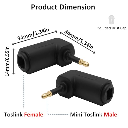 3.5mm Mini Toslink Adapter Digital Fiber Optical Audio Connector | Digital Fiber Optical Female to 90 Degree 3.5mm Jack Right Angle Male,for TV Sound Bar Home Theater,4pcs