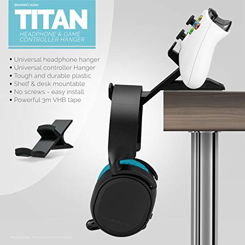 BRAINWAVZ The Titan - Desktop Gamepad Controller & Headphone Hanger Holder - Designed for Xbox ONE, PS4, PS3, Dualshock, Switch, PC, Steelseries, Steam & More, Reduce Clutter, Black - color: Titan - Controller & Headphone Mount