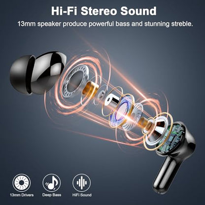 2026 Wireless Earbuds, Bluetooth 5.4 Headphones, HiFi Stereo, 50H Playtime | In-Ear Headphones with ENC Noise Cancelling Mics, IP7 Waterproof Wireless Headphones, Earbuds for iOS Android, LED Display - color: Magic Black