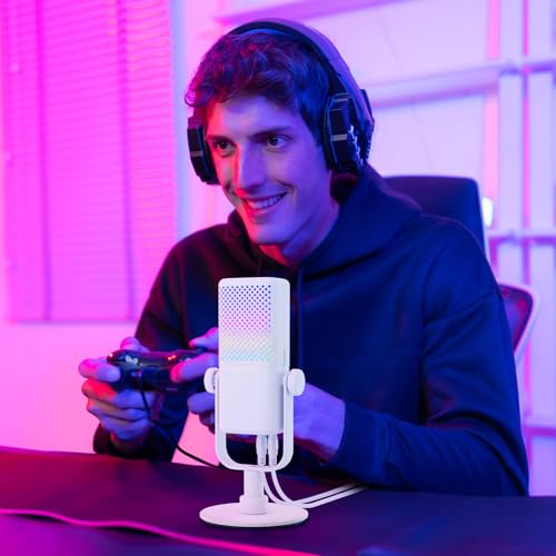 TONOR Gaming Microphone Compatible with Xbox, RGB Condenser Streaming Mic, Low Noise, Gain Control, One Tap Mute, Compatible with Capture Card, 200 cm/78inch Cable, Desktop Stand, White, TCX3 - color: White, style: Microphone