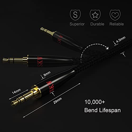 SKW Audiophile 3.5mm Stereo Aux Cable 3.2ft/1m, 1/8" TRS Hi-Fi Sound | Dual-shielded, gold-plated contacts, nylon-braided jacket, sturdy and durable, car & home stereo link, Hi-Fi stereo fidelity - color: Black-straight to straight, size: 3.2ft (1m)