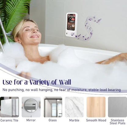 Shower Phone Holder with Wireless Bluetooth Speaker, Waterproof 480 Rotation Viewable Shower Phone Stand Case Mount Speakers for Bathroom Wall Mirro for 4"- 6.8" Cell Phones ,Gift for Mom(White) - color: White