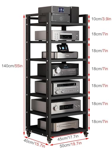 7 Tier Av Media Stand With Wheels, 55in Adjustable Audio Rack - color: Black