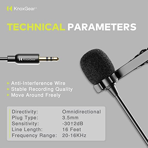 Knox Gear Omnidirectional Condenser Lavalier Microphone | Hands-free clip-on design, works with most cameras and portable recorders, smartphones may require an adapter