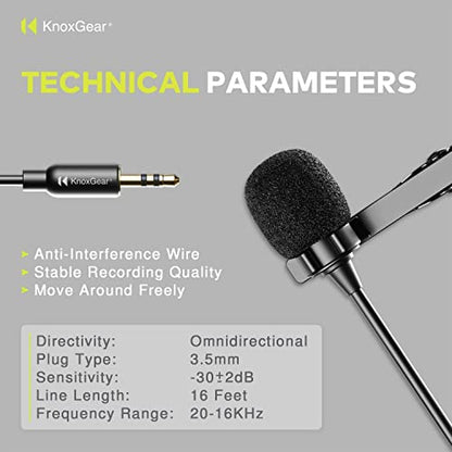 Knox Gear Omnidirectional Condenser Lavalier Microphone | Hands-free clip-on design, works with most cameras and portable recorders, smartphones may require an adapter