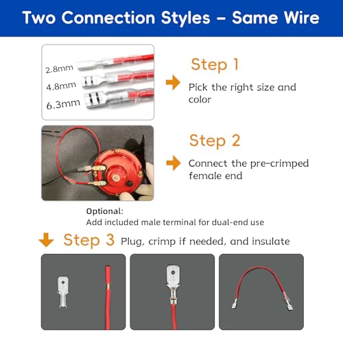 Speaker Wire Connector Kit 30PCS 18AWG Female Spade Terminal Wire Connectors Pre-Crimped 2.8/4.8/6.3mm, 30cm Red & Black, with 15PCS Extra Open-End Male Terminals—All with Insulating Sleeves