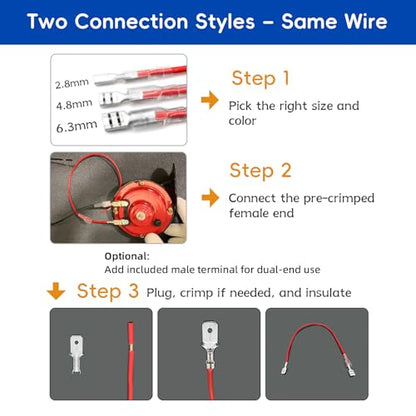 Speaker Wire Connector Kit 30PCS 18AWG Female Spade Terminal Wire Connectors Pre-Crimped 2.8/4.8/6.3mm, 30cm Red & Black, with 15PCS Extra Open-End Male Terminals—All with Insulating Sleeves