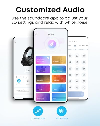 Soundcore by Anker Q20i Hybrid Active Noise Cancelling Headphones, Renewed | Over-Ear, Bluetooth, 40H ANC Playtime, Hi-Res, Big Bass, Transparency Mode, Customize via App, Travel, Home, Office - color: White