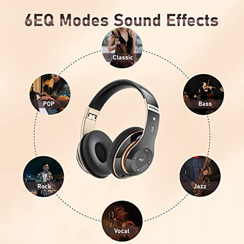 Bluetooth Headphones Over Ear, 6S Wireless Headphones Wired with 6 EQ Modes, 40 Hours Playtime Foldable HiFi Stereo Headset with Microphone, FM/TF for Cellphone/PC/Work (Black & Gold) - color: Black & Gold