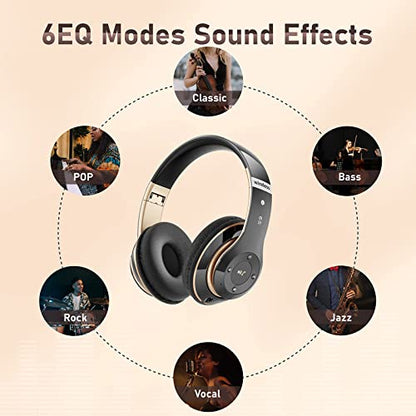 Bluetooth Headphones Over Ear, 6S Wireless Headphones Wired with 6 EQ Modes, 40 Hours Playtime Foldable HiFi Stereo Headset with Microphone, FM/TF for Cellphone/PC/Work (Black & Gold) - color: Black & Gold